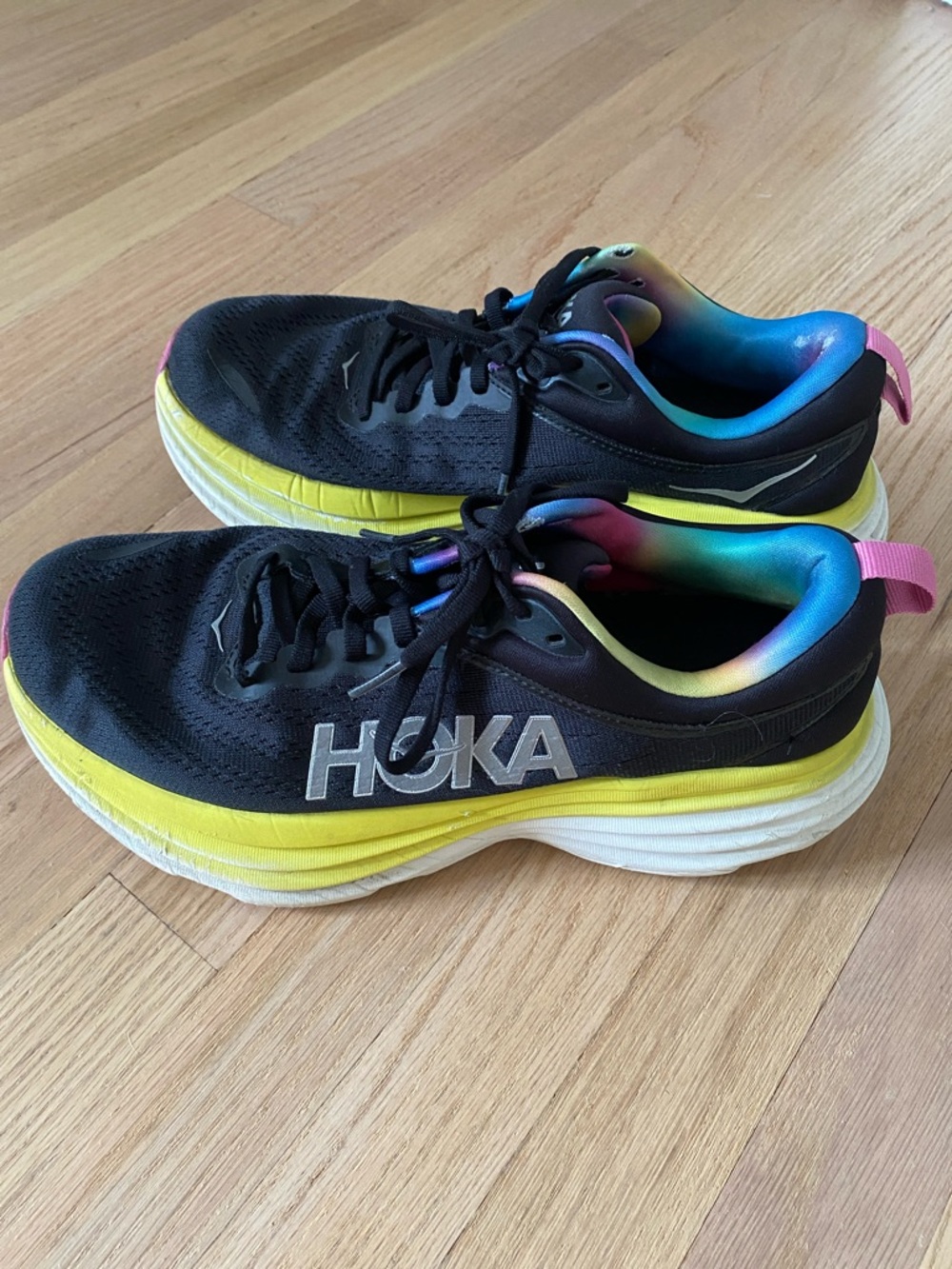 Hoka Bondi 8 Black, Rainbow & Yellow Running Shoe, Size 8.5